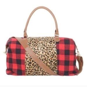 Leopard & Buffalo Plaid Duffel Bag With Brown Handles & Detachable Strap